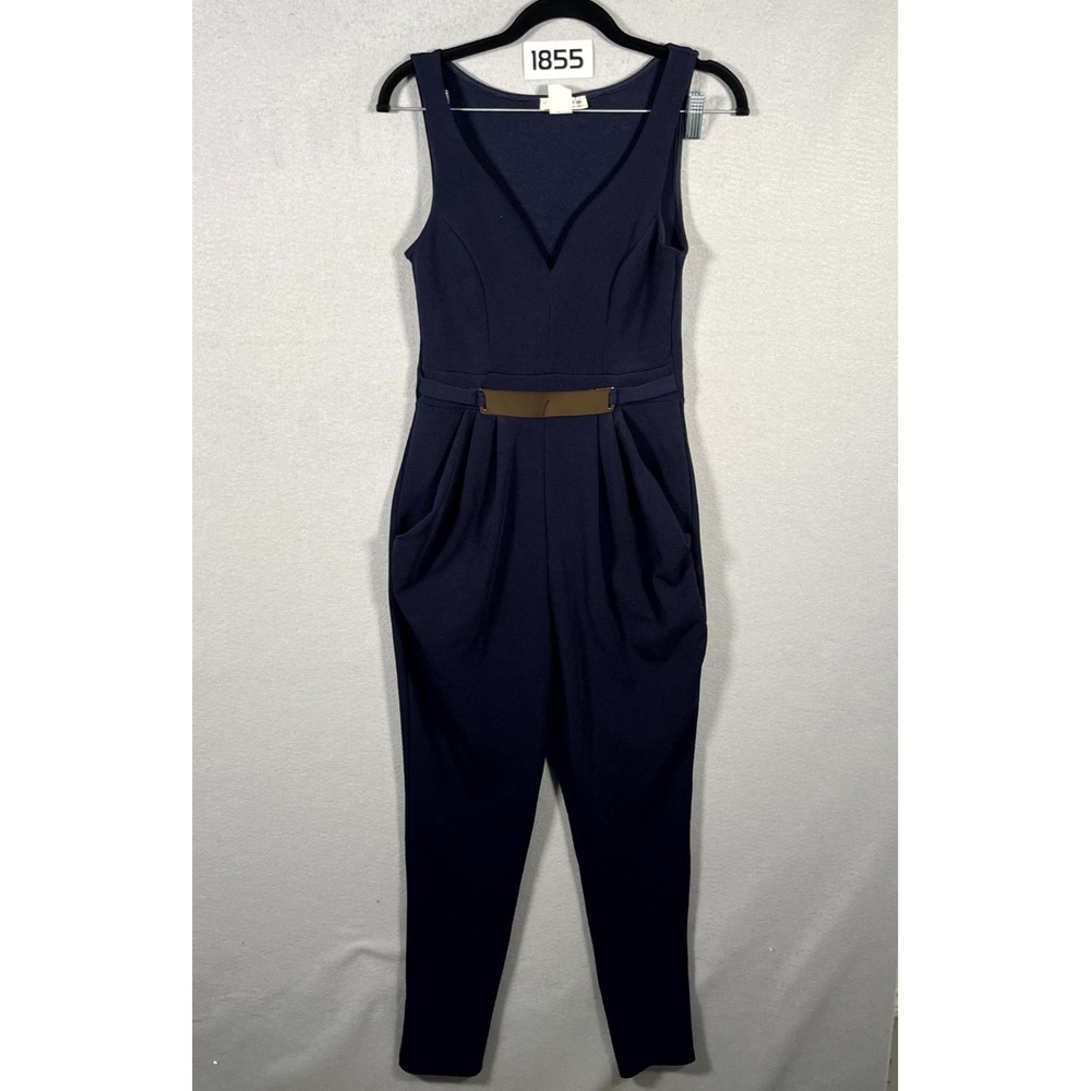 A'Gaci‎ Jumpsuit Womens Large Navy Blue Stretch Gold Belt Waist V Neck Formal